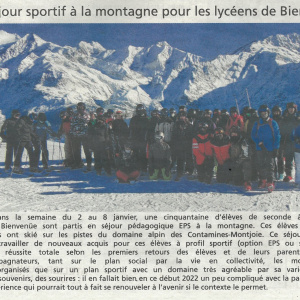 Courrier independant 27-01-2022 Sejour sportif à la montagne pour les lyceens de Bienvenue