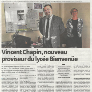 Telegramme 09-09-2021 Vincent Chapin, nouveau proviseur du lycee Bienvenue