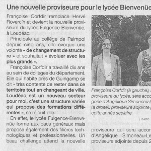 Ouest-France 04-09-2020 Une nouvelle proviseure pour le lycée Bienvenue